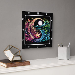 Neon Radiant Koi Gold Fish Harmony Vierkante Klok