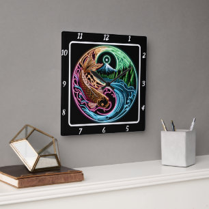 Neon Radiant Koi Gold Fish Reflectie Vierkante Klok