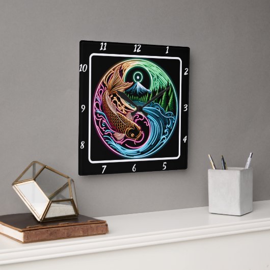 Neon Radiant Koi Gold Fish Reflectie Vierkante Klok (Kantoor)