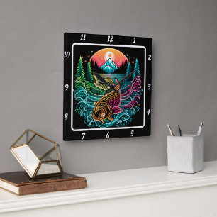 Neon Radiant Koi Gold Fish Serenity Vierkante Klok
