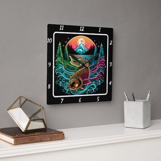 Neon Radiant Koi Gold Fish Serenity Vierkante Klok (Kantoor)