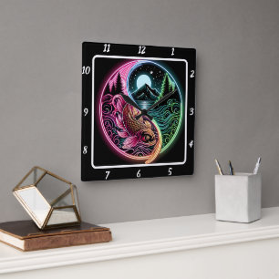 Neon Radiant Koi Gold Fish Vierkante Klok