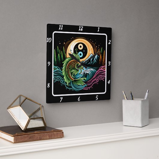 Neon Radiant Koi Gold Vis Rust Vierkante Klok (Kantoor)