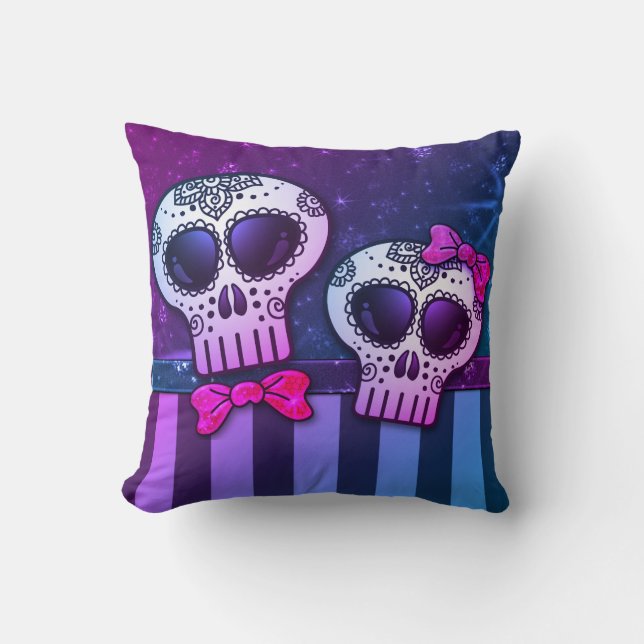 Neon Rainbow Day of the Dead Glitter Sugar Skulls Kussen (Voorkant)