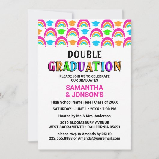 Neon Rainbow Double Graduation Party Uitnodigingen (Voorkant)