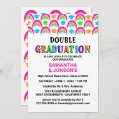 Neon Rainbow Double Graduation Party Uitnodigingen (Voorkant / Achterkant)