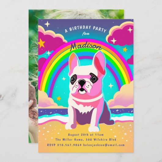 Neon Rainbow Frenchie Retro Verjaardag Kaart (Voorkant / Achterkant)