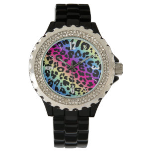 Neon Rainbow Leopard Pattern Print Horloge