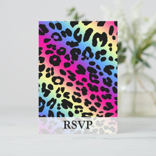Neon Rainbow Leopard Pattern Print RSVP Kaartje (Staand voorkant)