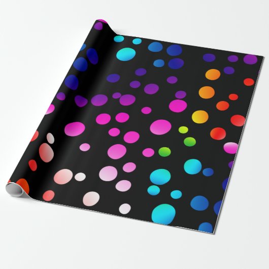Neon Rainbow Polka Dots on Black Cadeaupapier (Uitgerold)