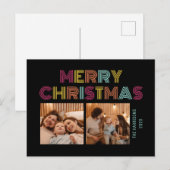 Neon Rainbow Retro Kerst Feestdagen Foto's Zwart Briefkaart (Voorkant / Achterkant)