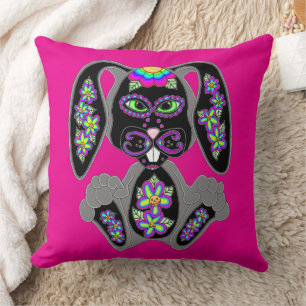 Neon Rainbow Sugar Skull Bunny Kussen