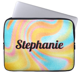 Neon Rainbow Swirl gepersonaliseerde zwarte naam Laptop Sleeve