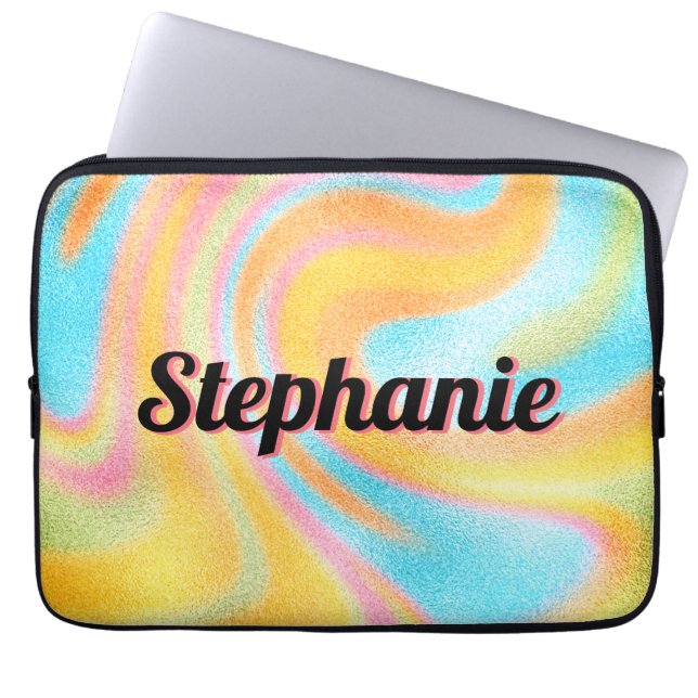 Neon Rainbow Swirl gepersonaliseerde zwarte naam Laptop Sleeve (Voorkant)