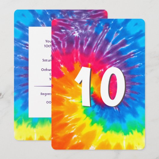 Neon Rainbow Tie Dye 10th Birthday Invitation Kaart (Voorkant / Achterkant)
