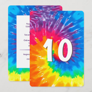 Neon Rainbow Tie Dye 10th Birthday Invitation Kaart
