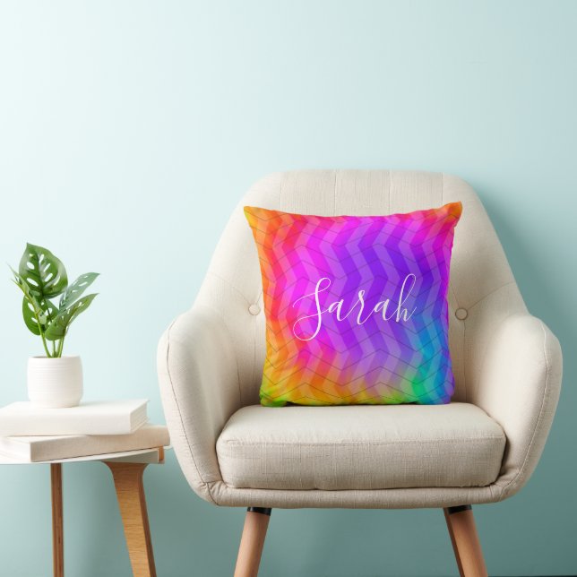 Neon Rainbow Tie Dye Herringbone Monogram Naam Kussen (Stoel)