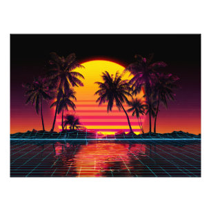Neon Raster Palm Zonsondergang Foto Afdruk