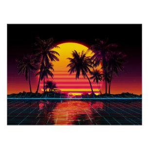 Neon Raster Palm Zonsondergang Perfect Poster