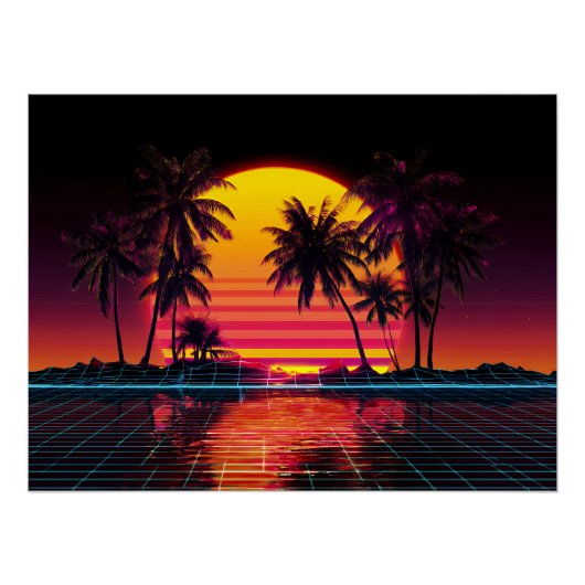 Neon Raster Palm Zonsondergang Perfect Poster (Voorkant)
