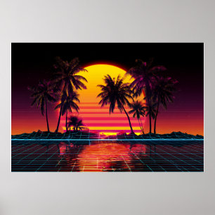 Neon Raster Palm Zonsondergang Poster