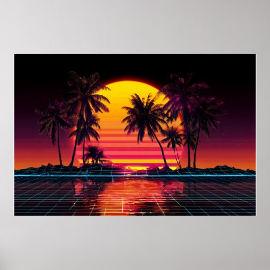 Neon Raster Palm Zonsondergang Poster (Voorkant)