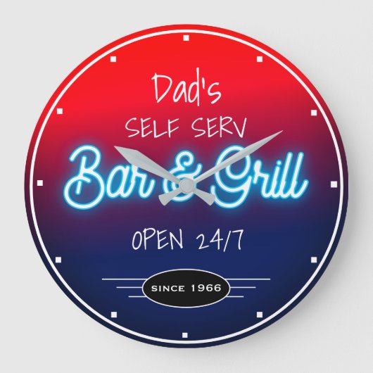 Neon Red Blue Script Pa's of een naambalk Grill Grote Klok (Voorkant)