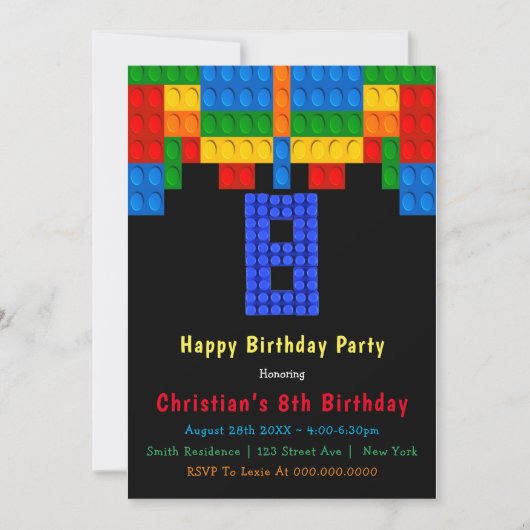 Neon Red Building Blocks 8e verjaardag Uitnodiging (Voorkant)
