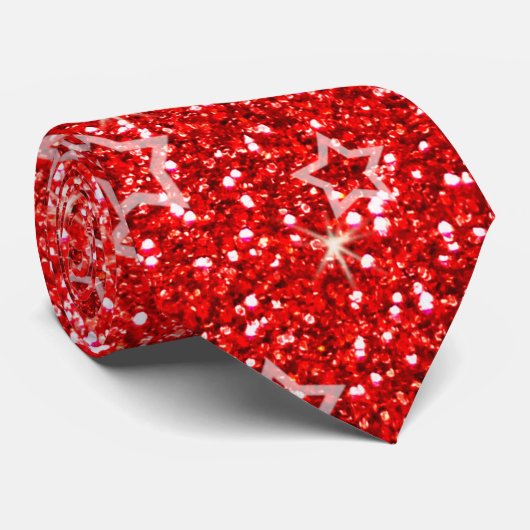 Neon red glitter sterren stropdas (Opgerold)