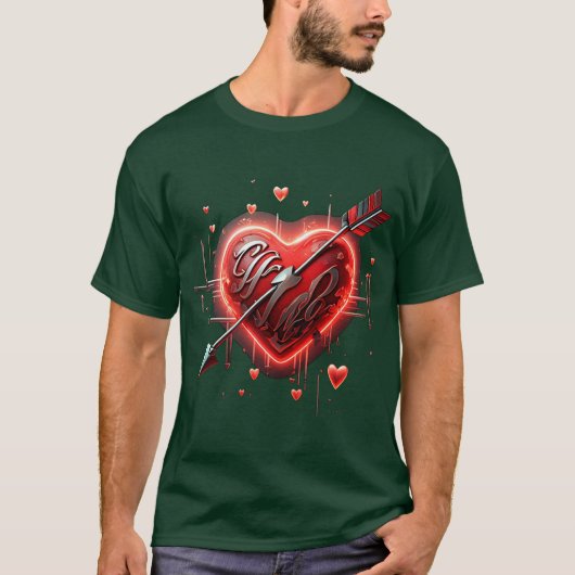 Neon Red Heart & Silver Arrow Trendy 3D Romantisch T-shirt (Voorkant)