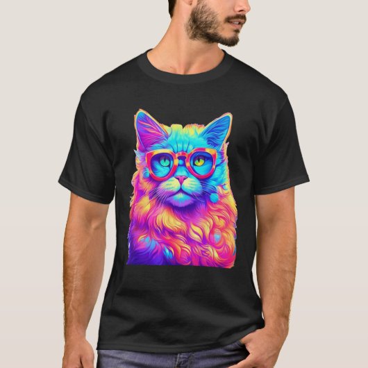 Neon Regenboog Kat Draagt Bril Abstract Helder P T-shirt (Voorkant)