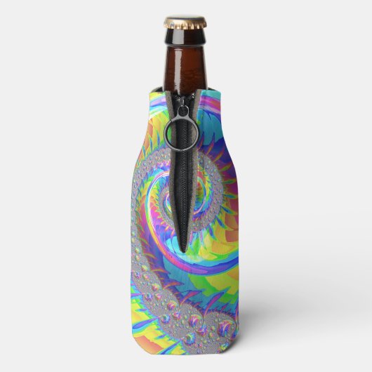 Neon regenboog spiraal fractal Abstracte digitale  Flesjeskoeler (Fles Achterkant)