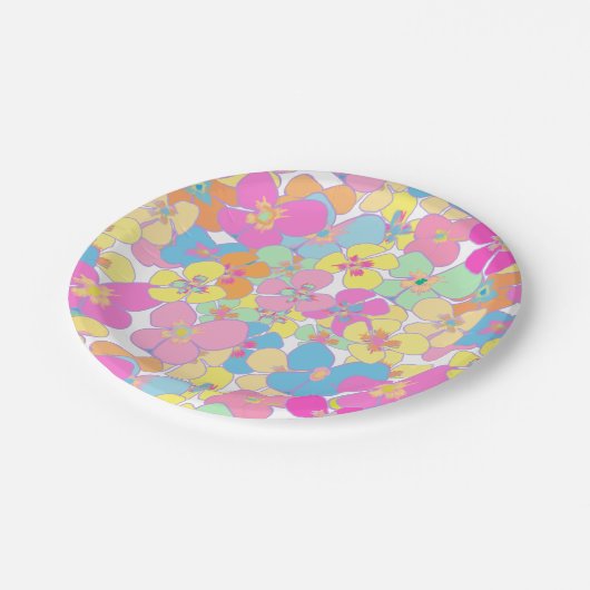 Neon Retro Bloemen Roze Kleurrijk Papieren Bordje (Gekanteld)