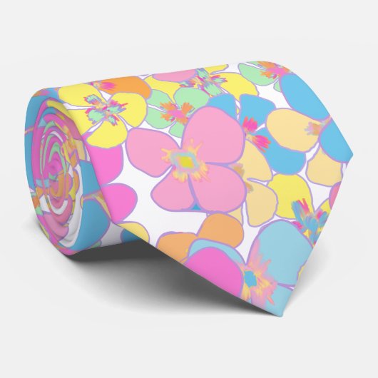 Neon Retro Bloemen Roze Kleurrijk Stropdas (Opgerold)