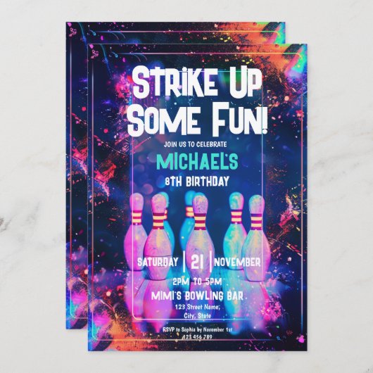 Neon Retro Bowling Strike Up Sommige Leuk Feest Kaart (Voorkant / Achterkant)