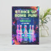 Neon Retro Bowling Strike Up Sommige Leuk Feest Kaart (Staand voorkant)