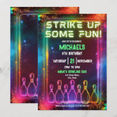 Neon Retro Bowling Strike Up Sommige Leuk Feest Kaart (Voorkant / Achterkant)