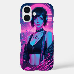 Neon Retro Cyber Punk Rock Girl Poster iPhone 16 Hoesje