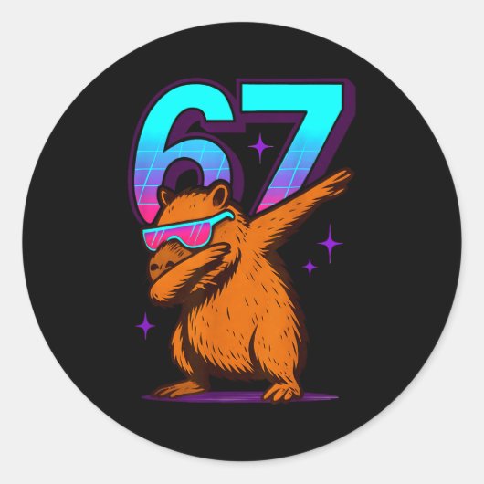 Neon Retro Dabbing Capybara 67 Ronde Sticker (Voorkant)