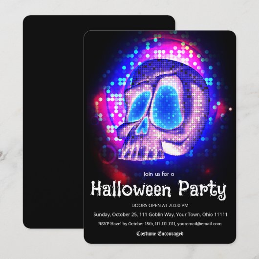 Neon Retro Disco Schedel Halloween Feest Kaart (Voorkant / Achterkant)