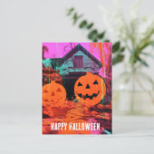 Neon Retro Haunted Halloween House Briefkaart (Staand voorkant)