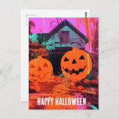 Neon Retro Haunted Halloween House Briefkaart (Voorkant / Achterkant)