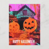 Neon Retro Haunted Halloween House Briefkaart (Voorkant)