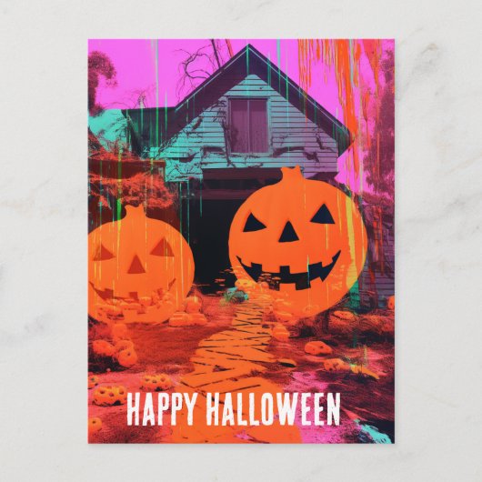 Neon Retro Haunted Halloween House Briefkaart (Voorkant)