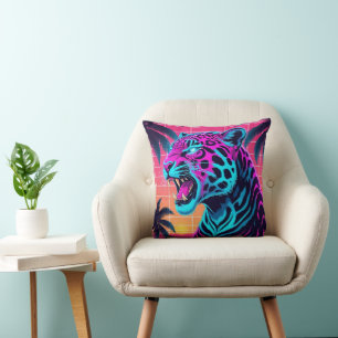 Neon Retro Jaguar – Levendige Synthwave 80s Animal Kussen