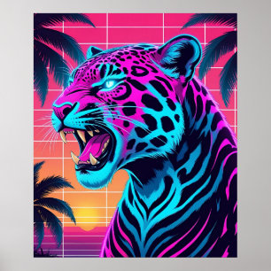 Neon Retro Jaguar – Levendige Synthwave 80s Animal Poster