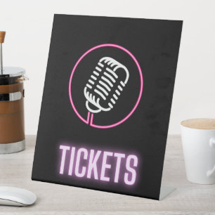 Neon Retro Mic Tickets Reclamebord Met Voetstuk