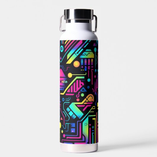 Neon Retro Tech Patroon Waterfles of Tumbler (Voorkant)