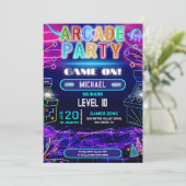 Neon retro video arcade gaming verjaardagsfeest kaart (Staand voorkant)