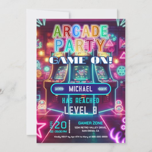 Neon retro video arcade gaming verjaardagsfeest kaart (Voorkant)